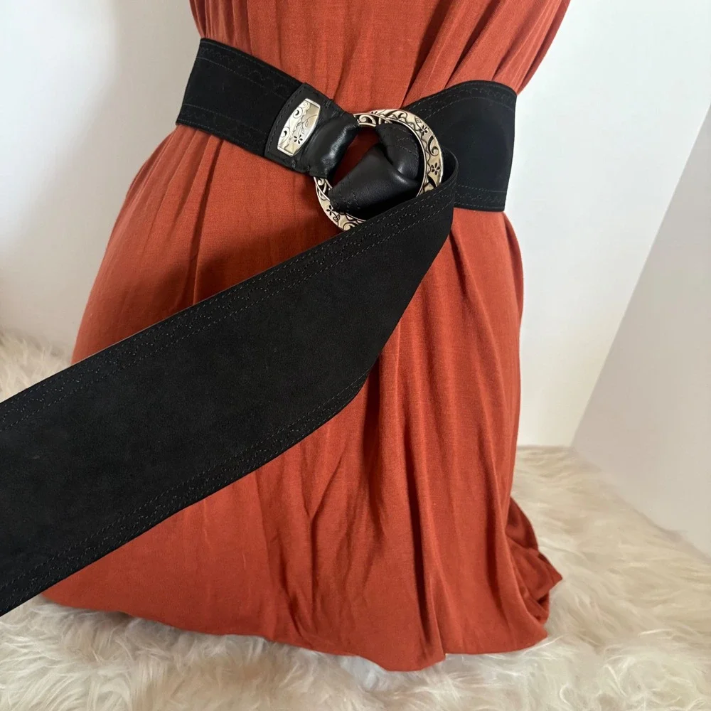 Brighton Black Leather Suede Wide Waist Belt Silver Etched Buckle B30993 Size M